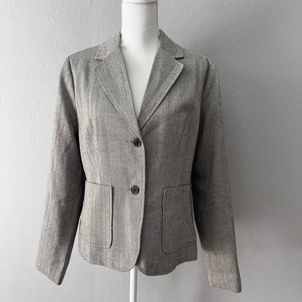 Isaac Mizrahi Blazer Women Large Gray Herringbone Wool Blend Career Jacket Prep